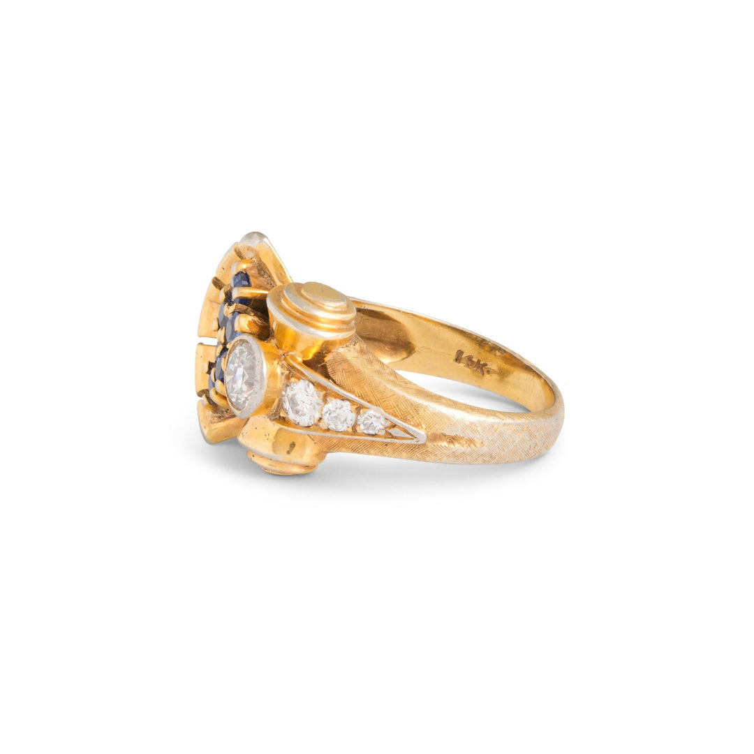Retro Diamond, Sapphire, 14k Gold Spray Ring