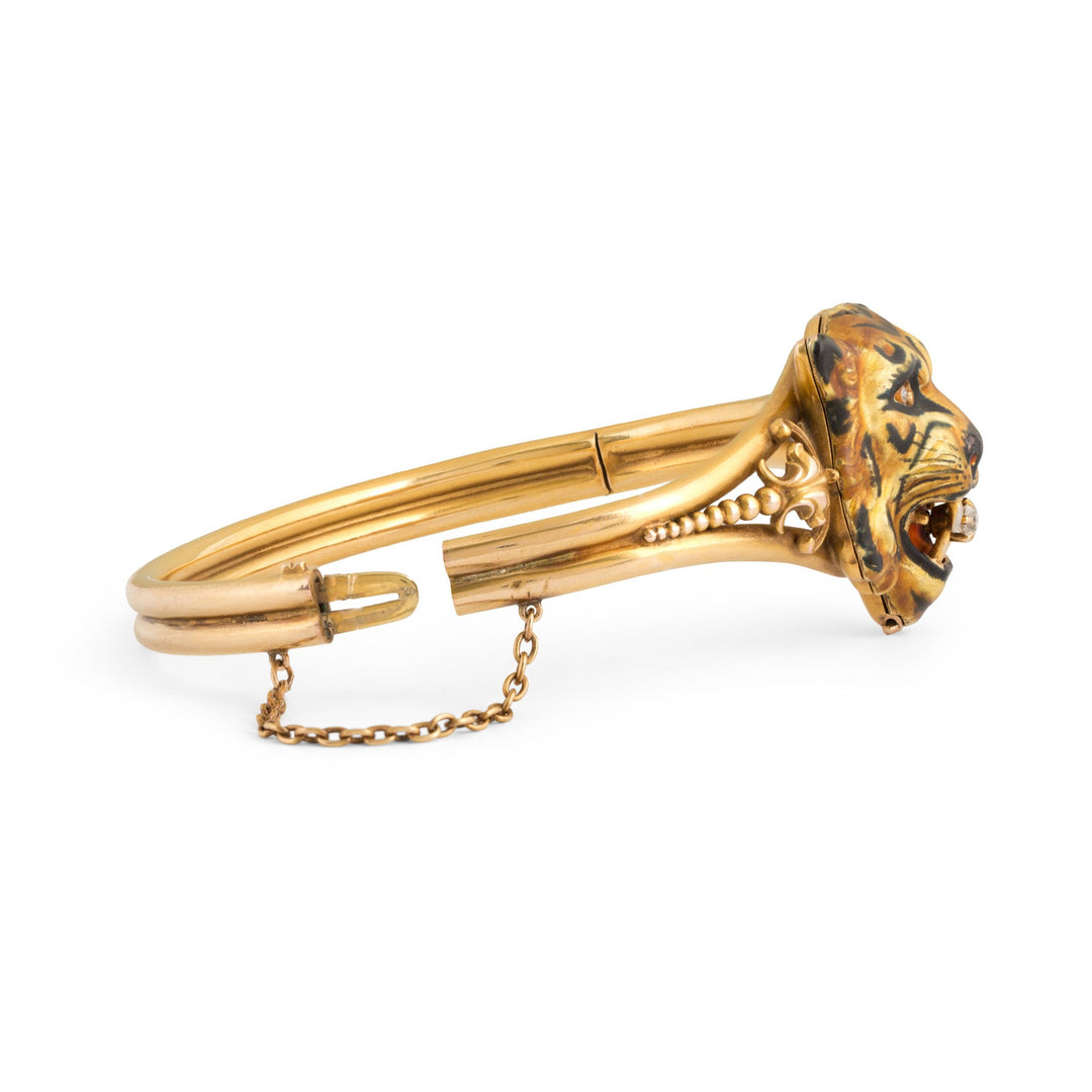 Victorian Enamel, Diamond, and 14k Gold Tiger Locket Bracelet