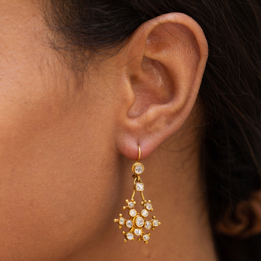 Old Mine Cut Diamond and 14k Gold Snowflake Dangle Earrings