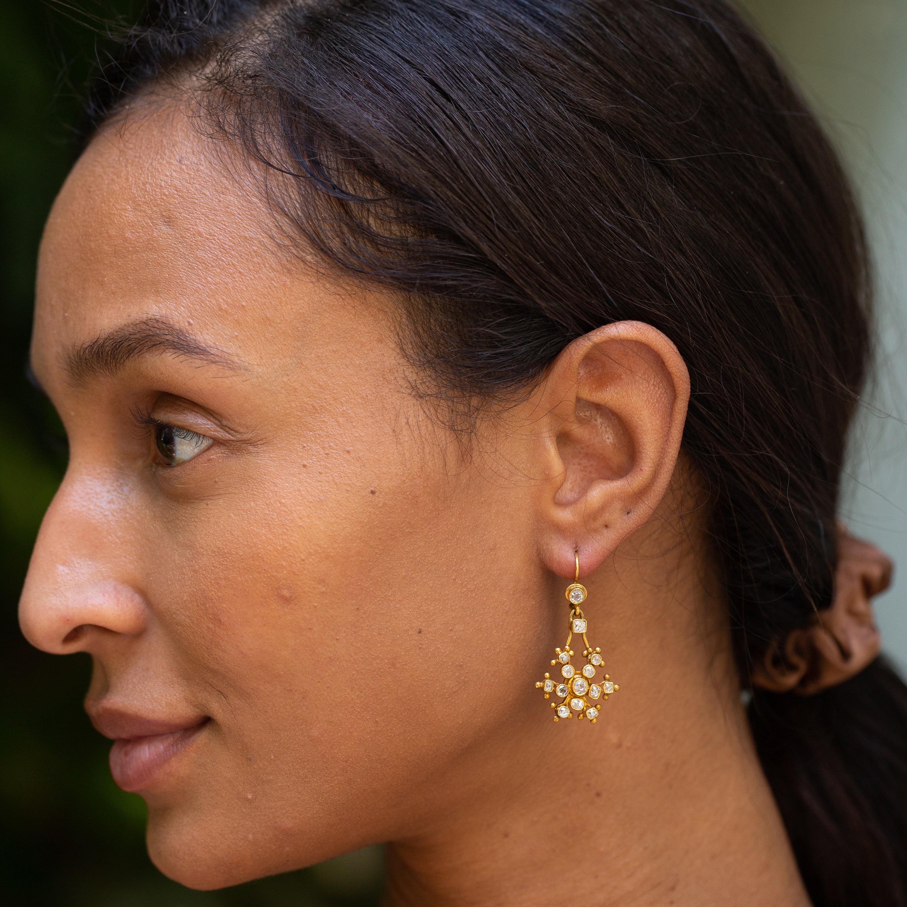 Old Mine Cut Diamond and 14k Gold Snowflake Dangle Earrings