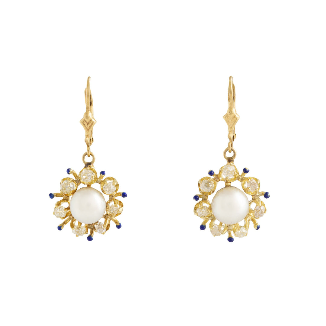 Victorian Pearl and Old Mine Cut Diamond Cluster 18k Gold Earrings