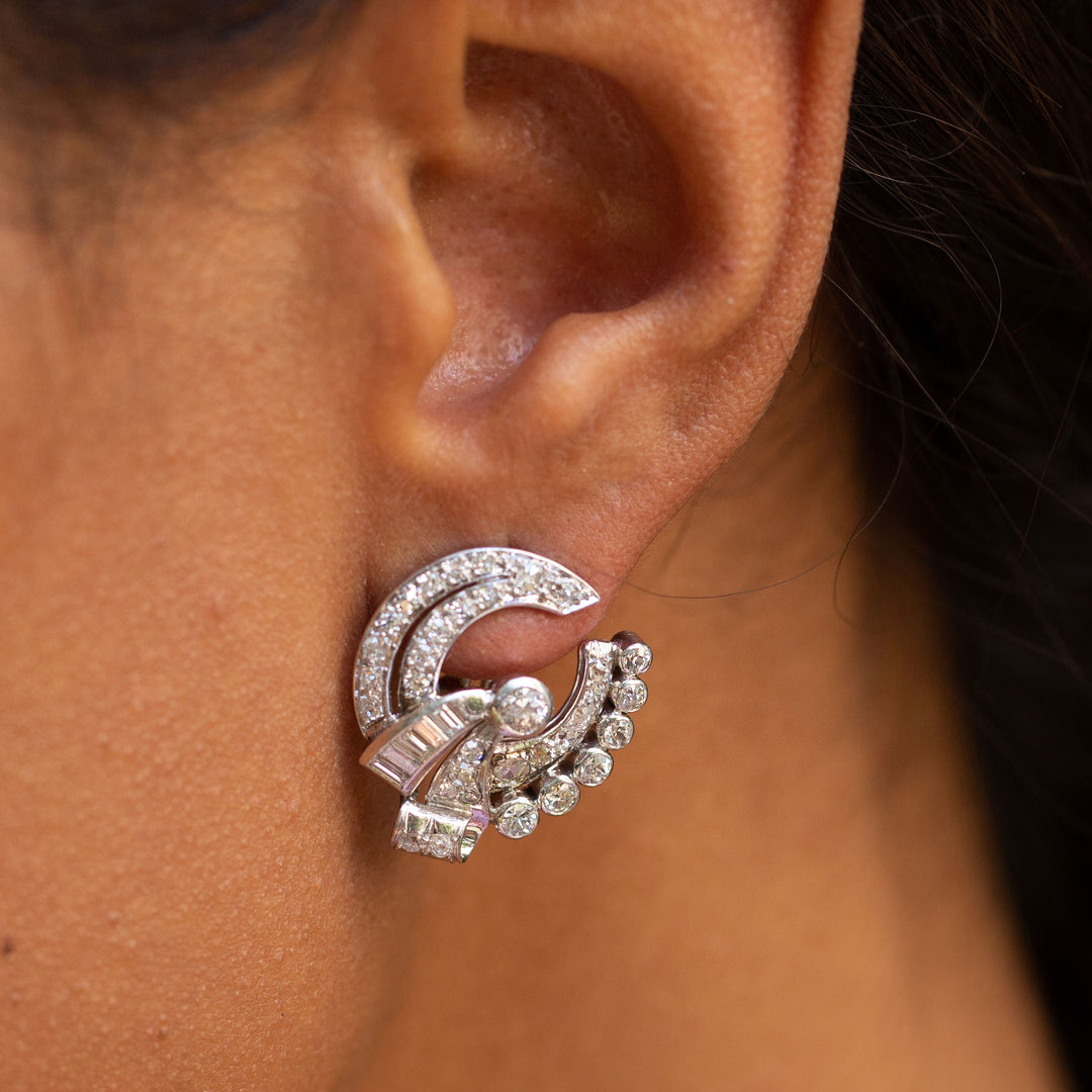 Retro Diamond and Platinum Button Earrings