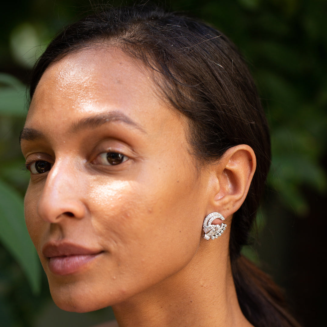 Retro Diamond and Platinum Button Earrings