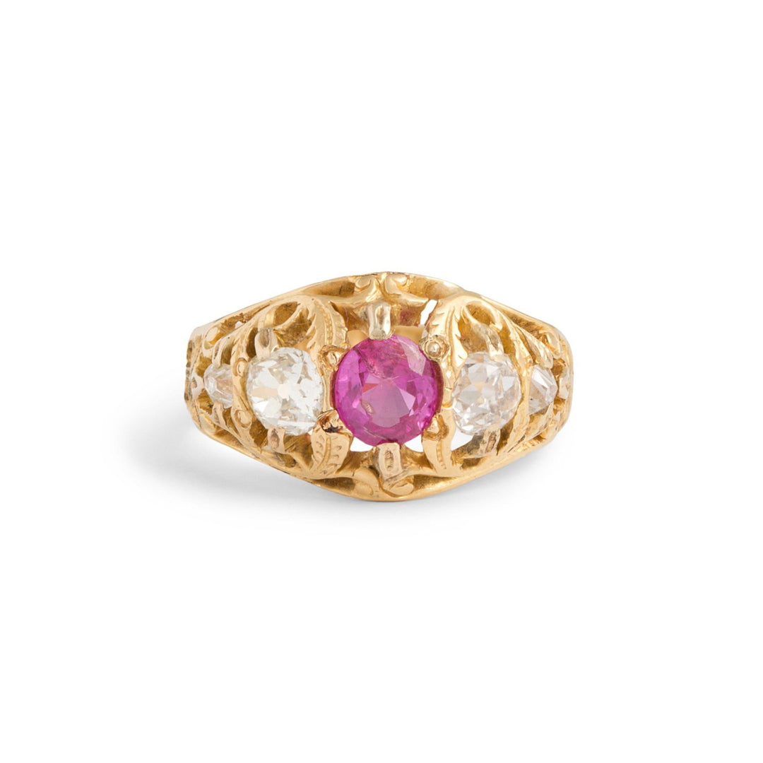 Victorian Ruby and Old Mine Cut Diamond 18k Gold Ring