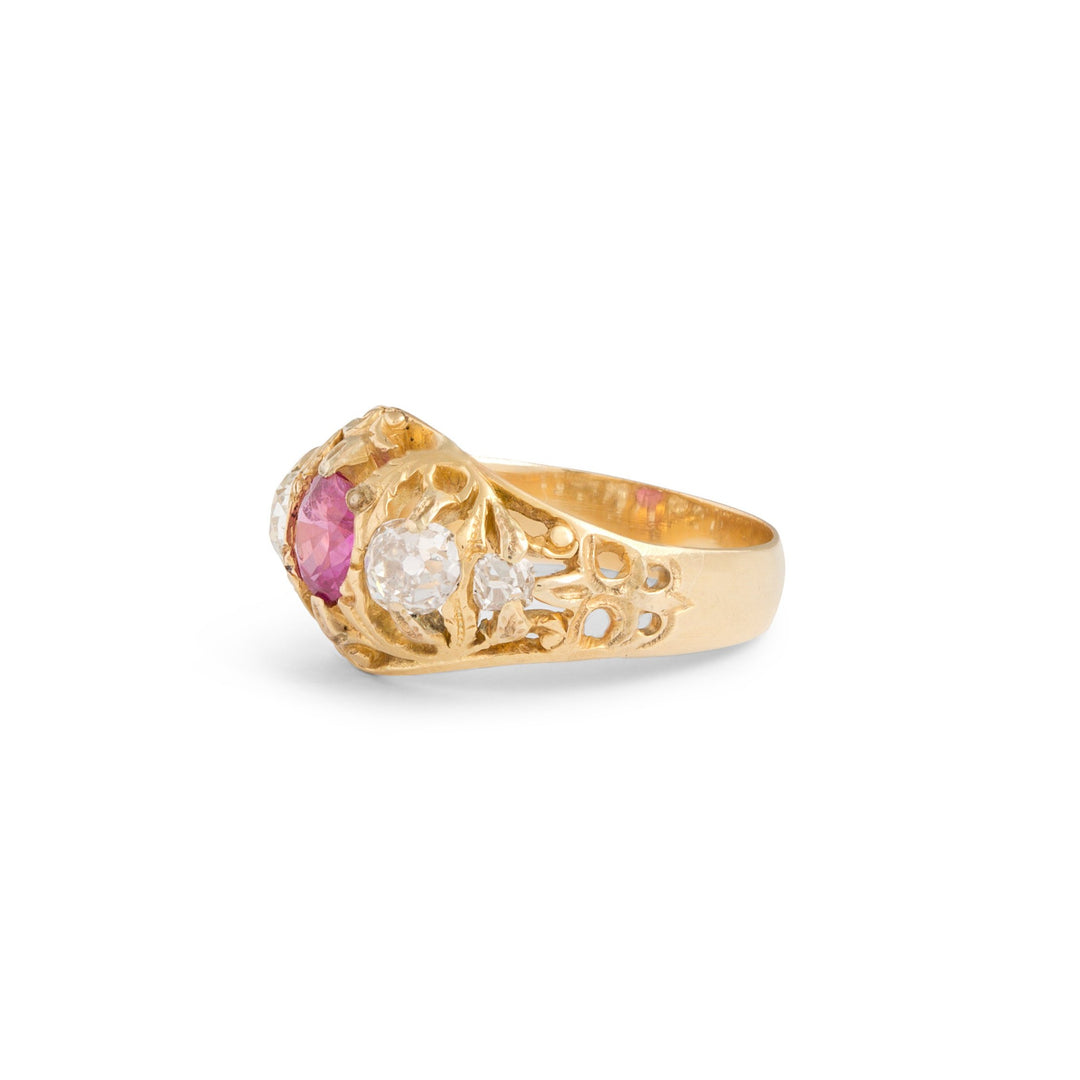 Victorian Ruby and Old Mine Cut Diamond 18k Gold Ring