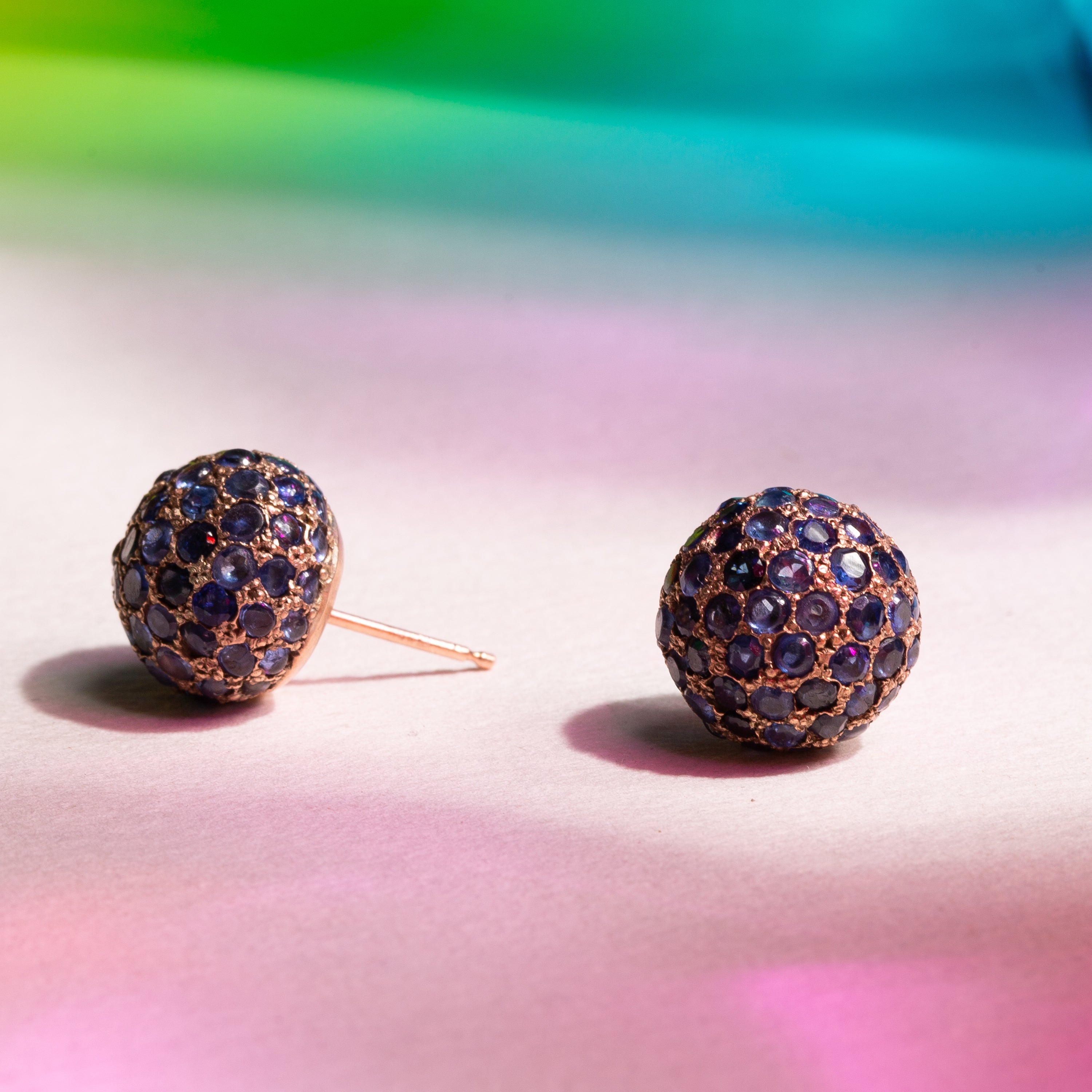 Pave Sapphire and 14k Gold Ball Earrings