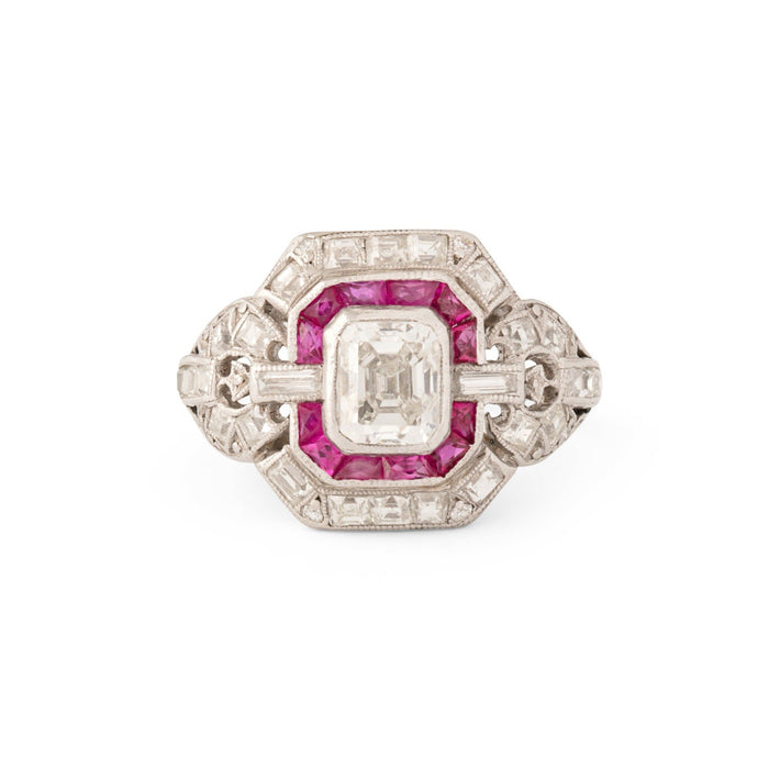 Art Deco Asscher Cut Diamond, Ruby, and Platinum Ring