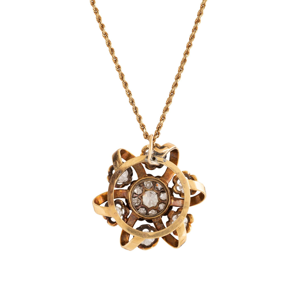 Victorian Diamond Cluster, Black Enamel, and 14k Gold Necklace
