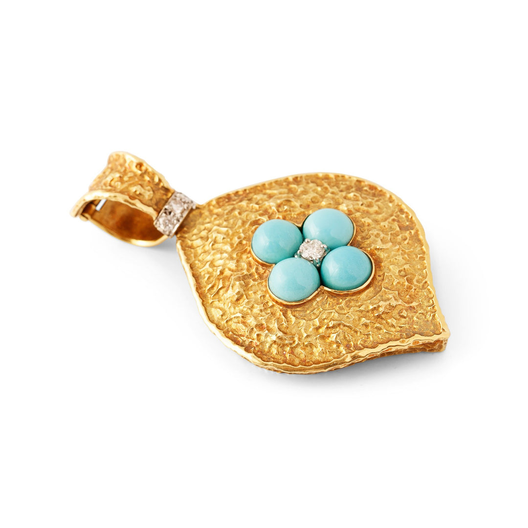 1970s Large Turquoise, Diamond, and 18K Gold Pendant