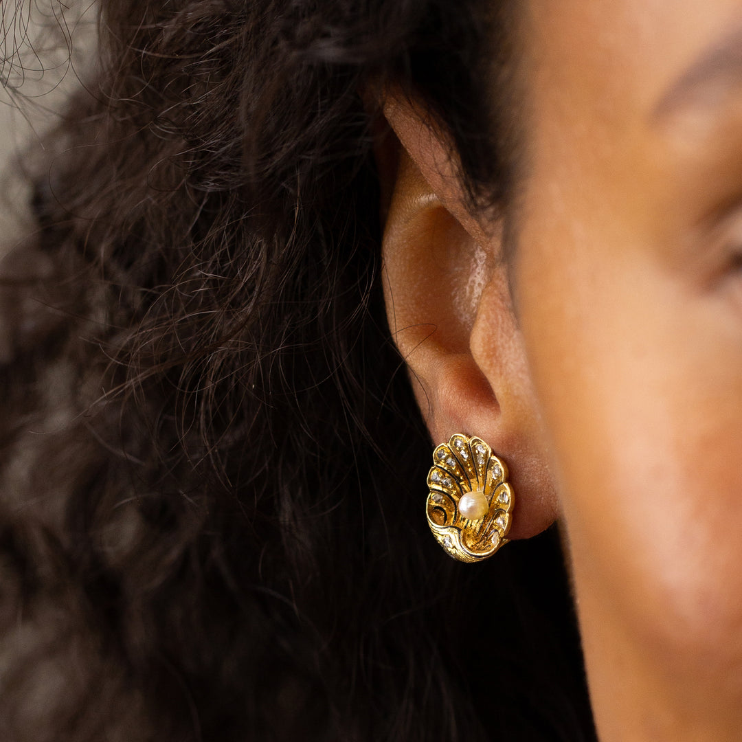 Victorian Seashell Pearl, Diamond, Enamel, and 18K Gold Earrings