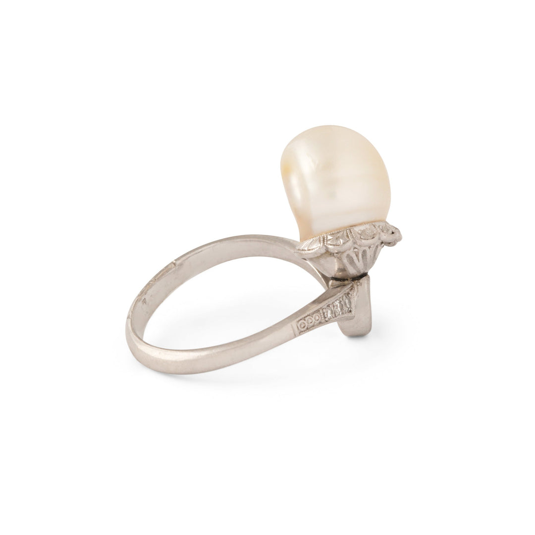 Edwardian Baroque Pearl, Diamond, and Platinum Ring