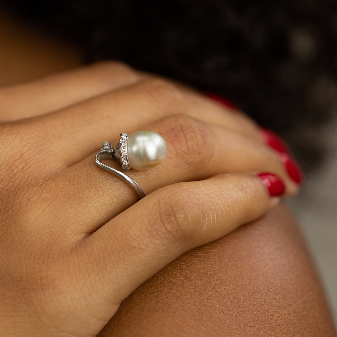 Edwardian Baroque Pearl, Diamond, and Platinum Ring