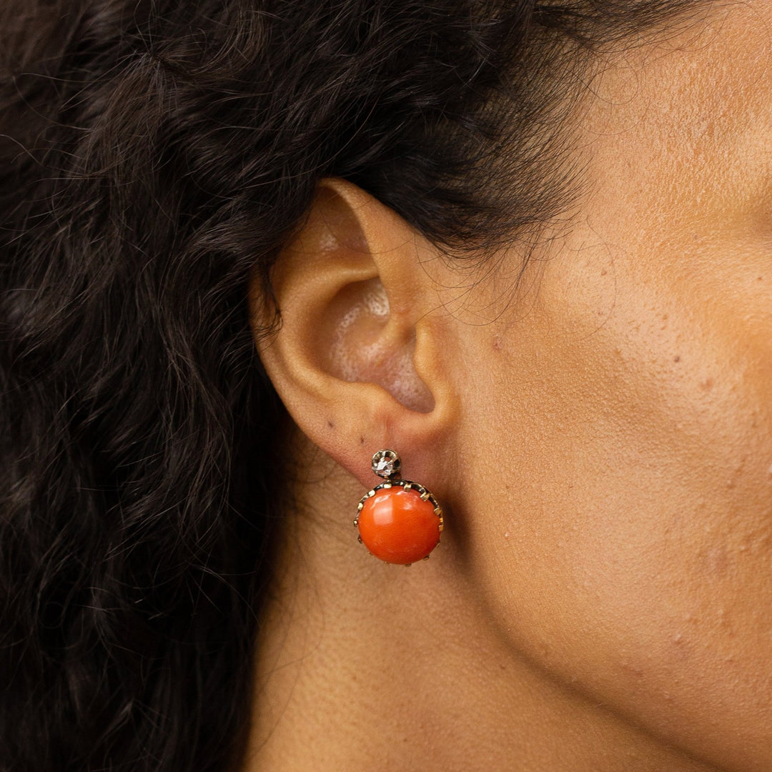 Victorian Coral, Diamond, and 18K Gold Drop Earrings