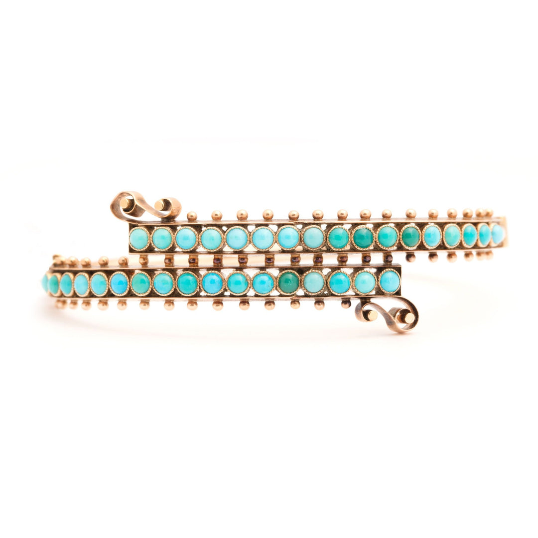 Etruscan Revival Turquoise and 14k Gold Bypass Bracelet