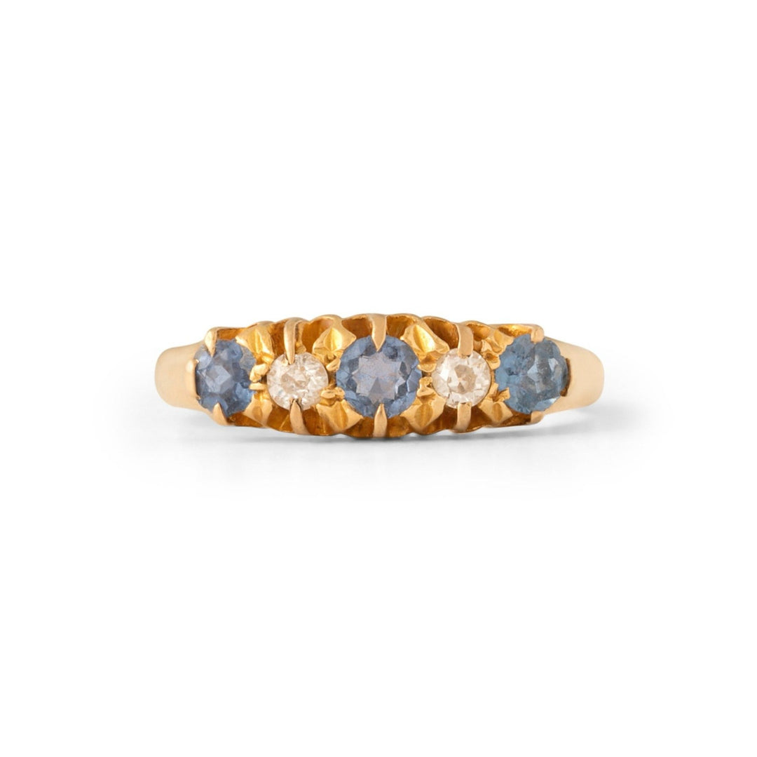 English Sapphire and Old Mine Cut Diamond 18k Gold Ring