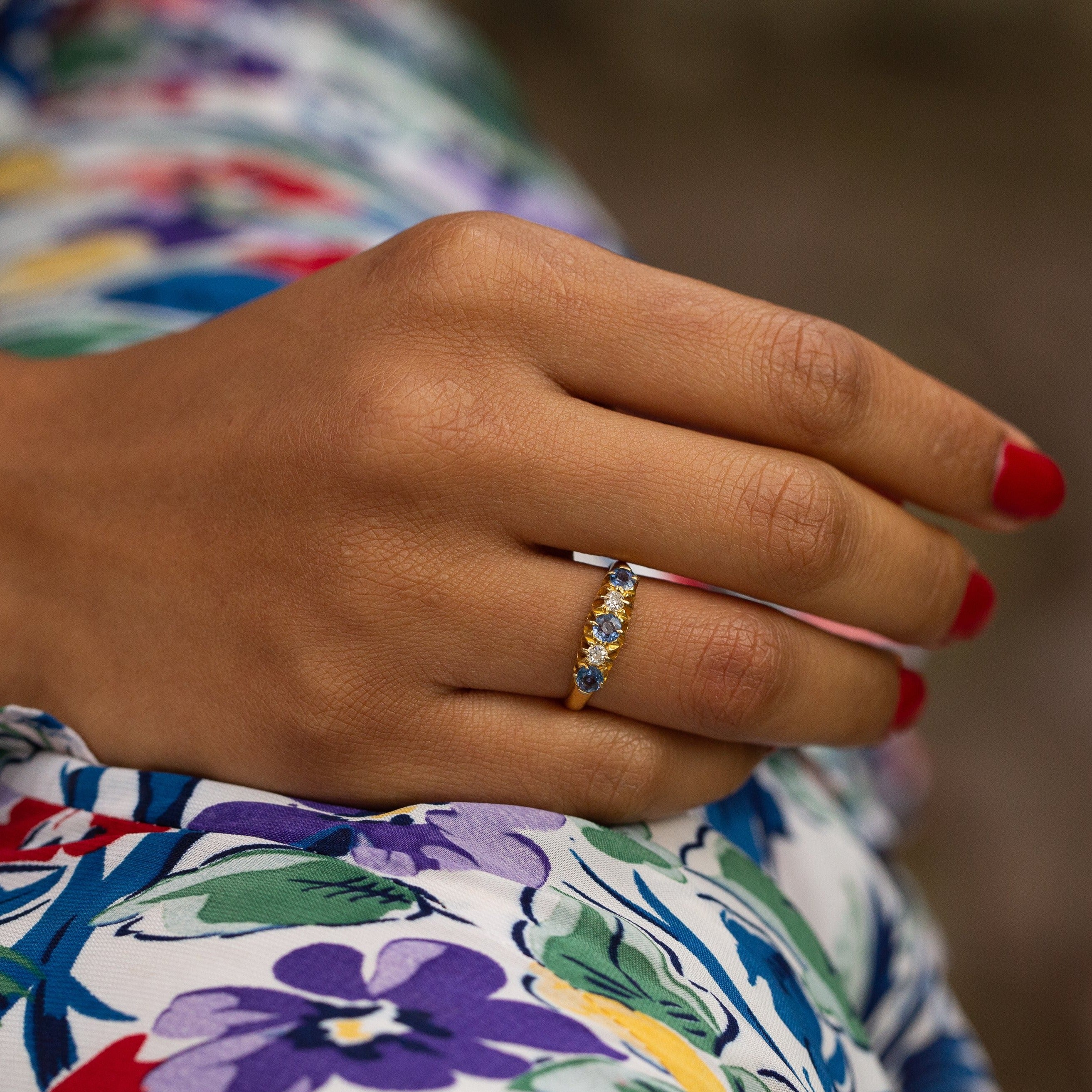English Sapphire and Old Mine Cut Diamond 18k Gold Ring