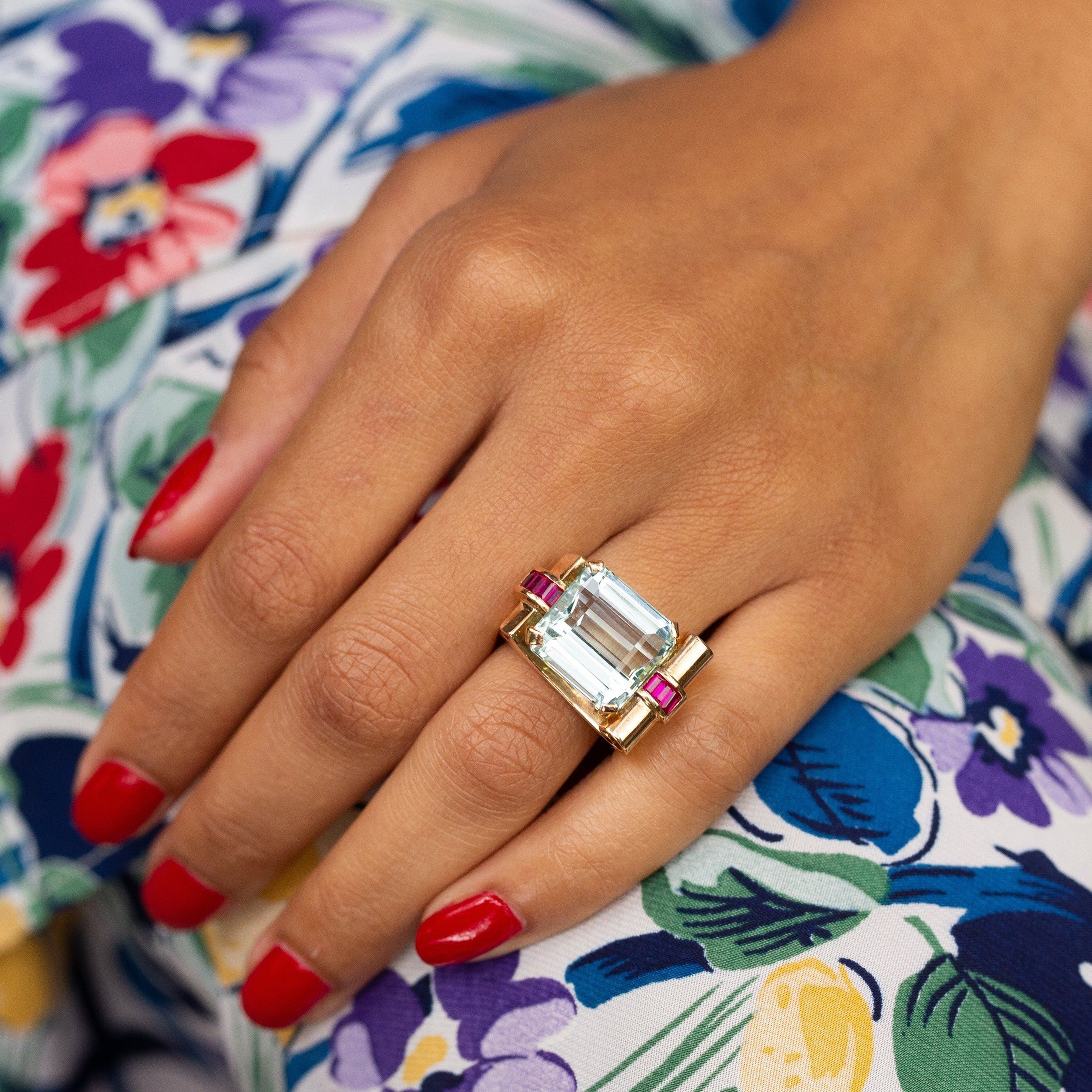 Retro Aquamarine and Ruby 14k Rose Gold Ring