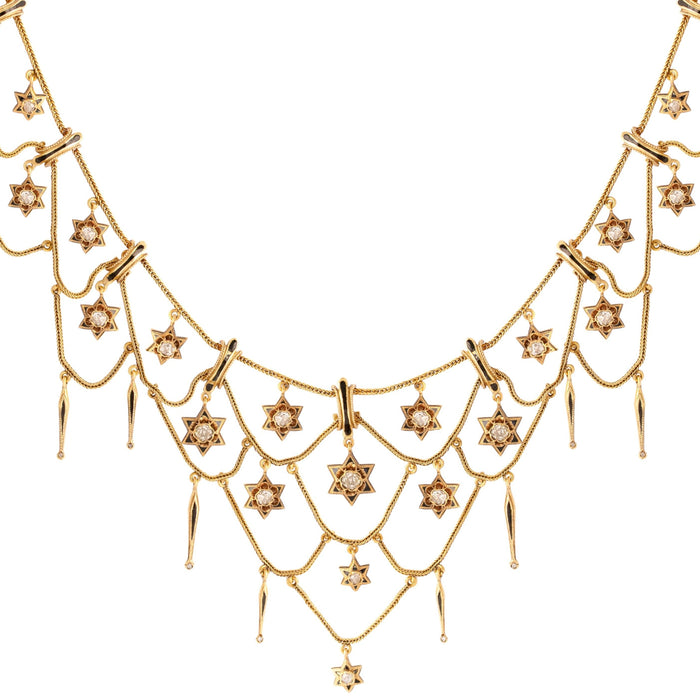 Victorian French Diamond Star Fringe Necklace with Enamel and 18k Gold