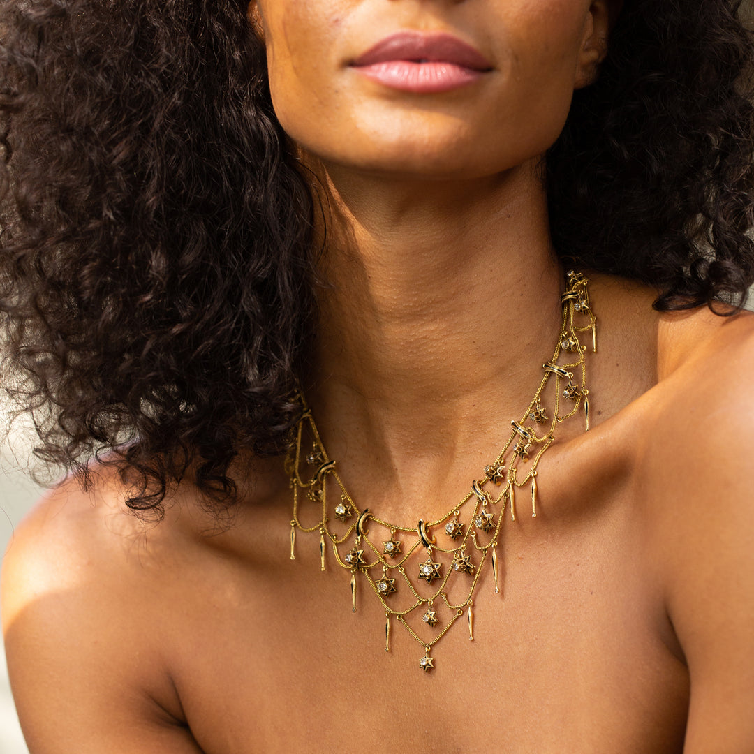 Victorian French Diamond Star Fringe Necklace with Enamel and 18k Gold
