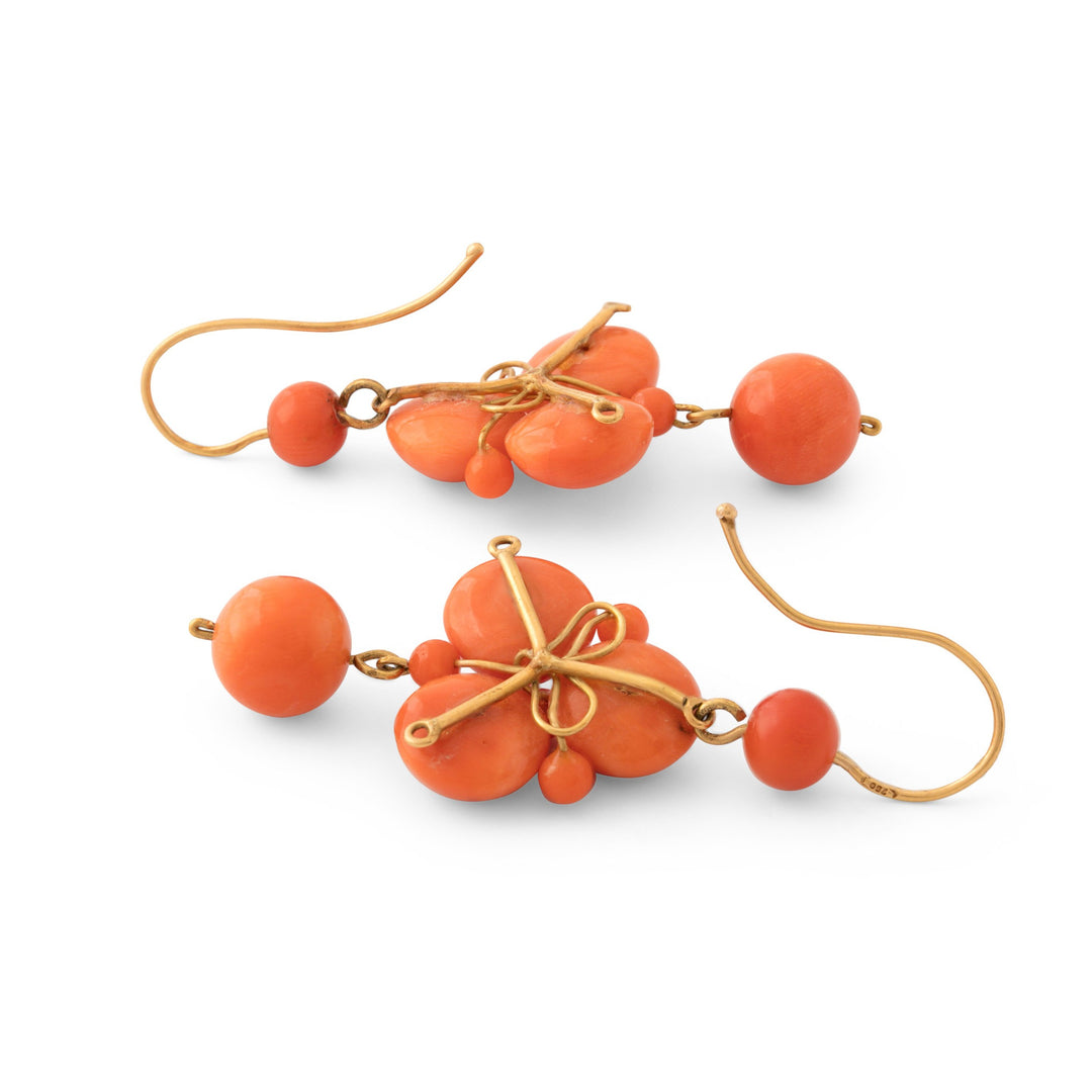 Victorian Coral Cluster 18K Gold Dangle Earrings