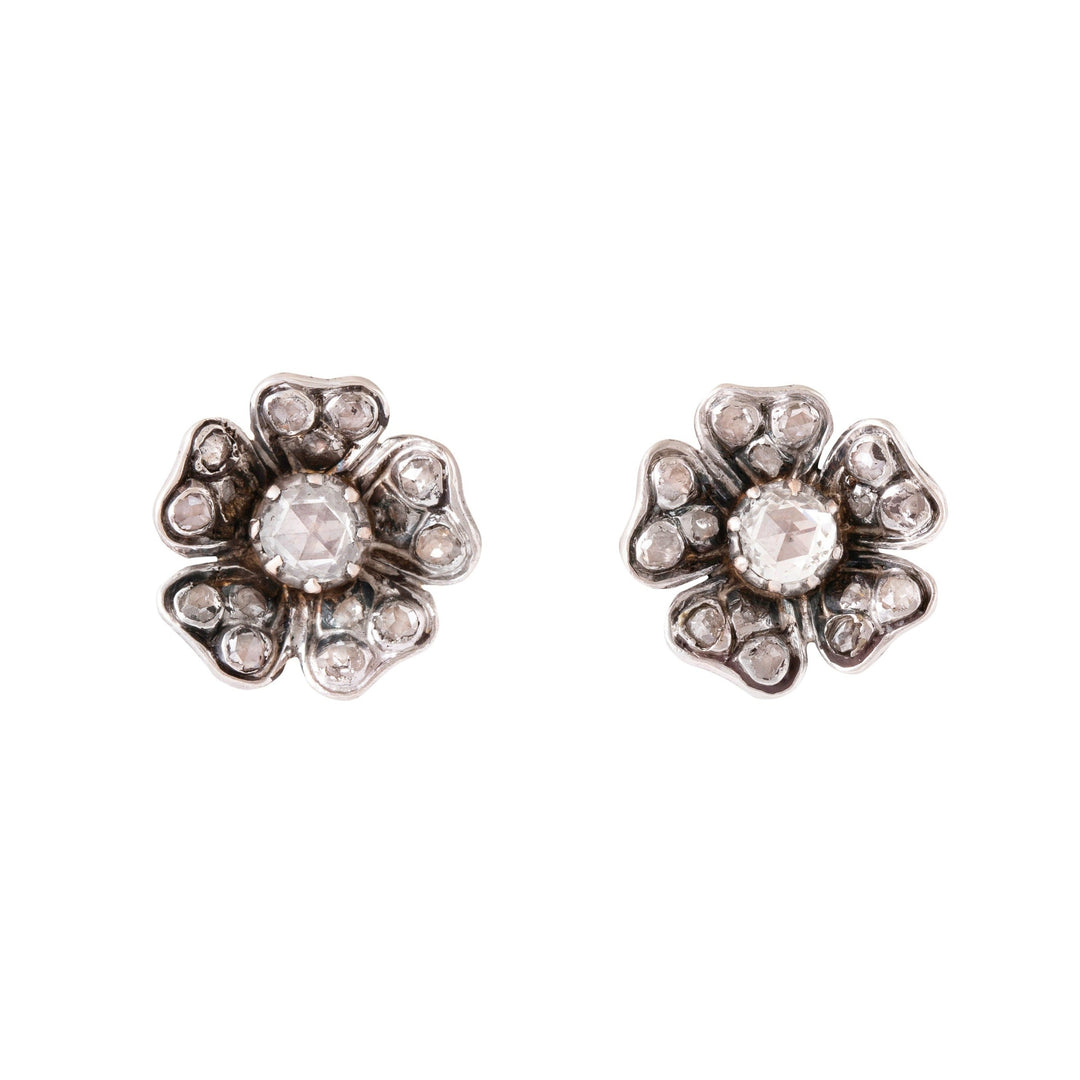 Victorian Rose Cut Diamond, Silver, and 18k Gold Flower Earrings