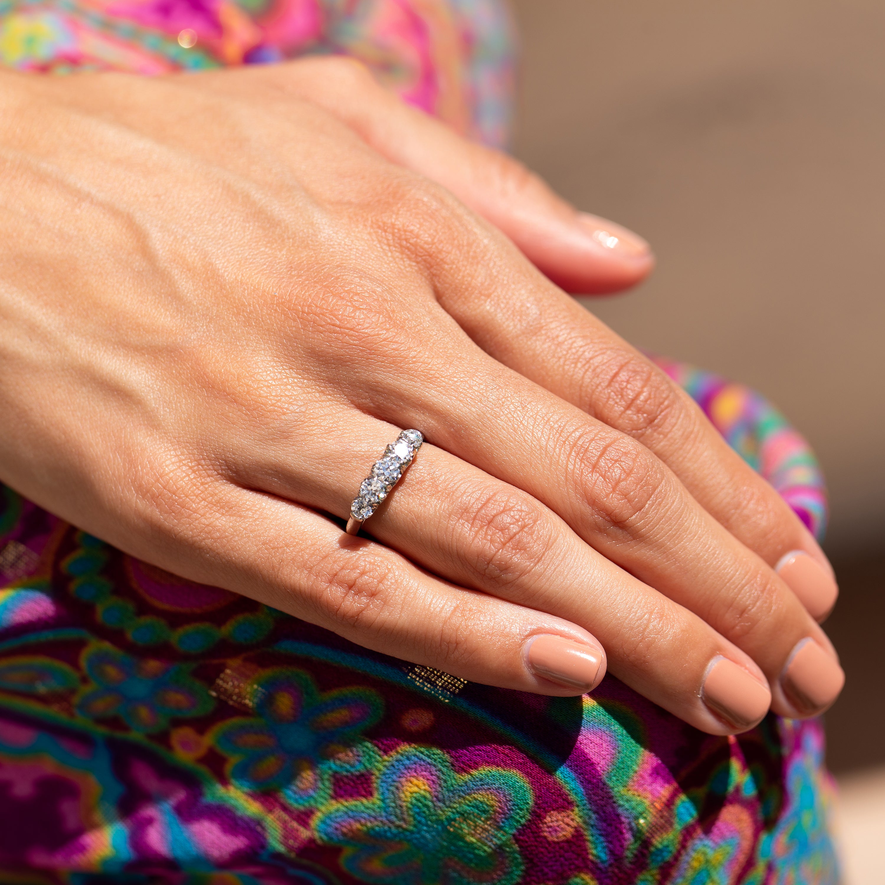 Old European Cut Diamond, Silver, and Platinum Five-Stone Ring