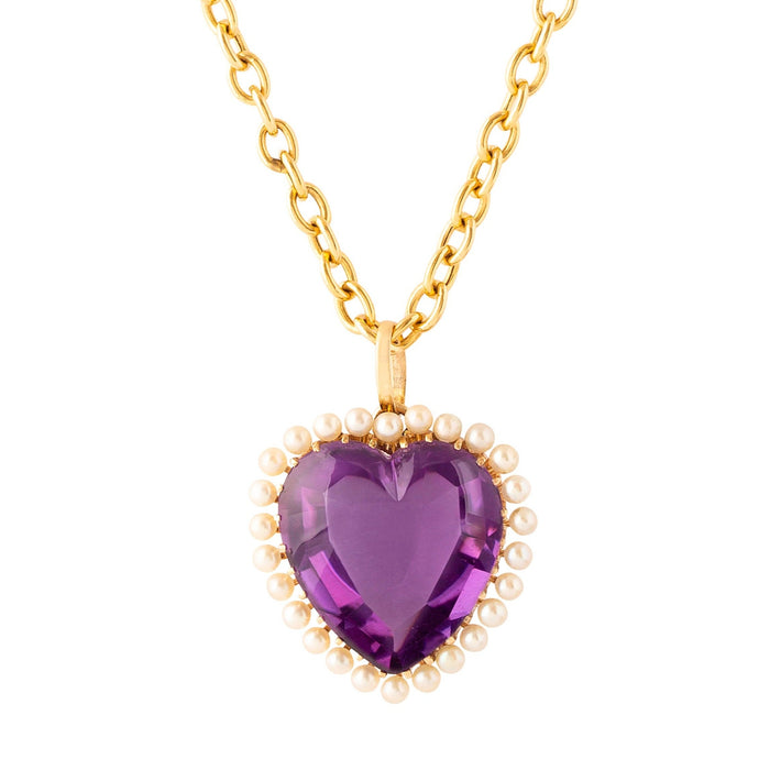 Amethyst Heart and Pearl 14k Gold Pendant