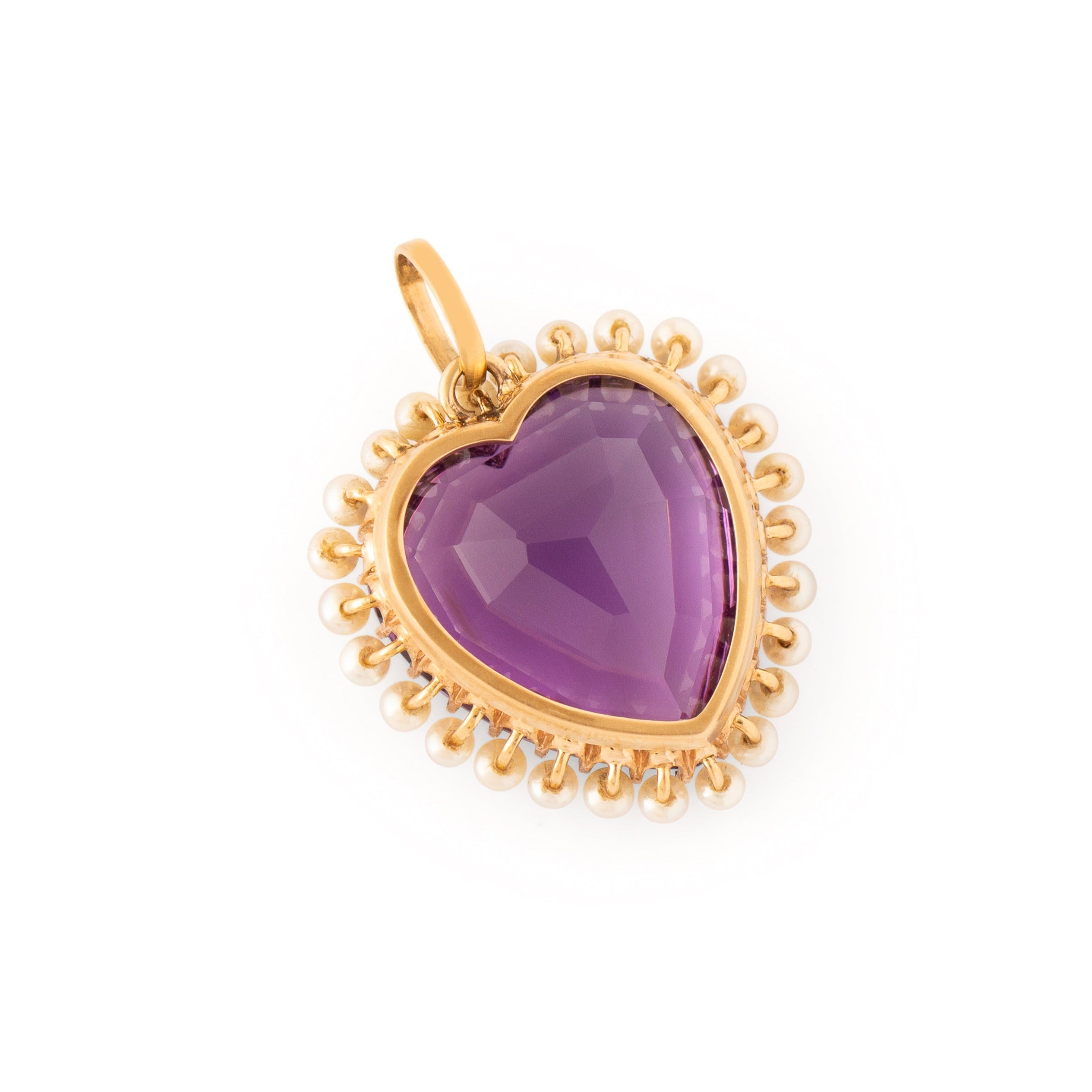 Amethyst Heart and Pearl 14k Gold Pendant