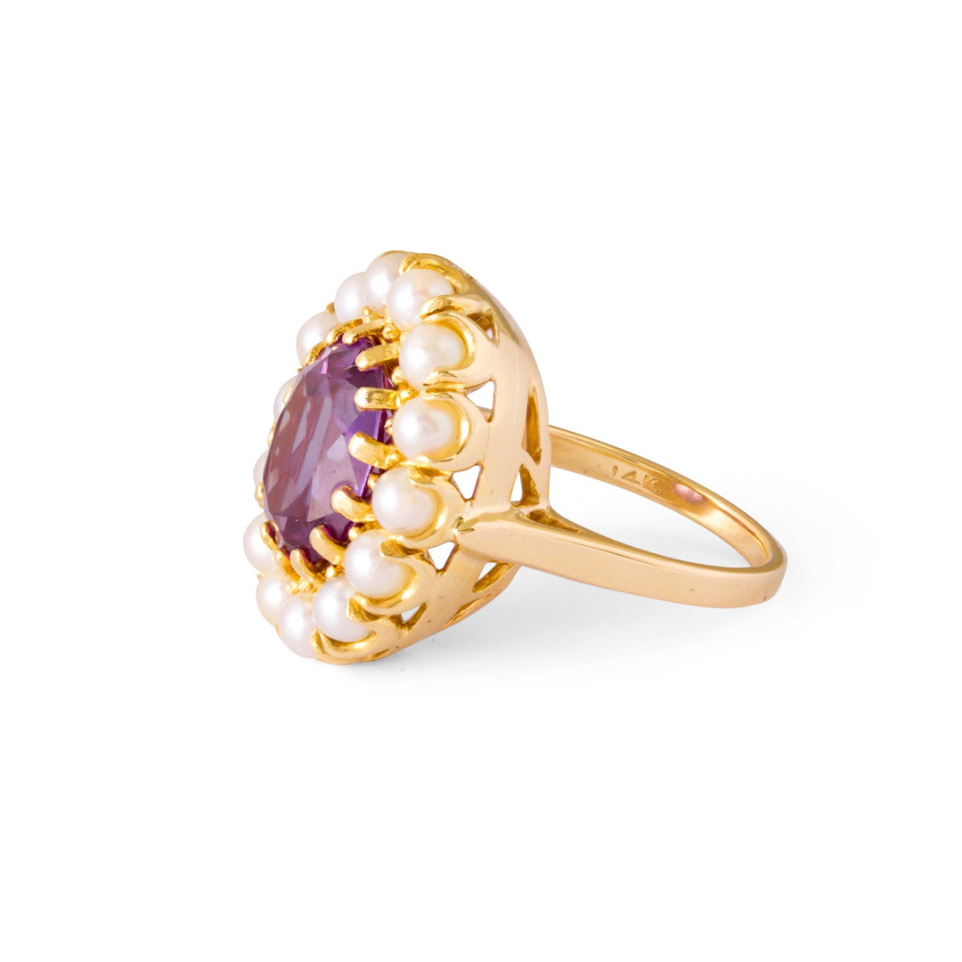 Synthetic Sapphire And Pearl 14k Gold Cluster Ring