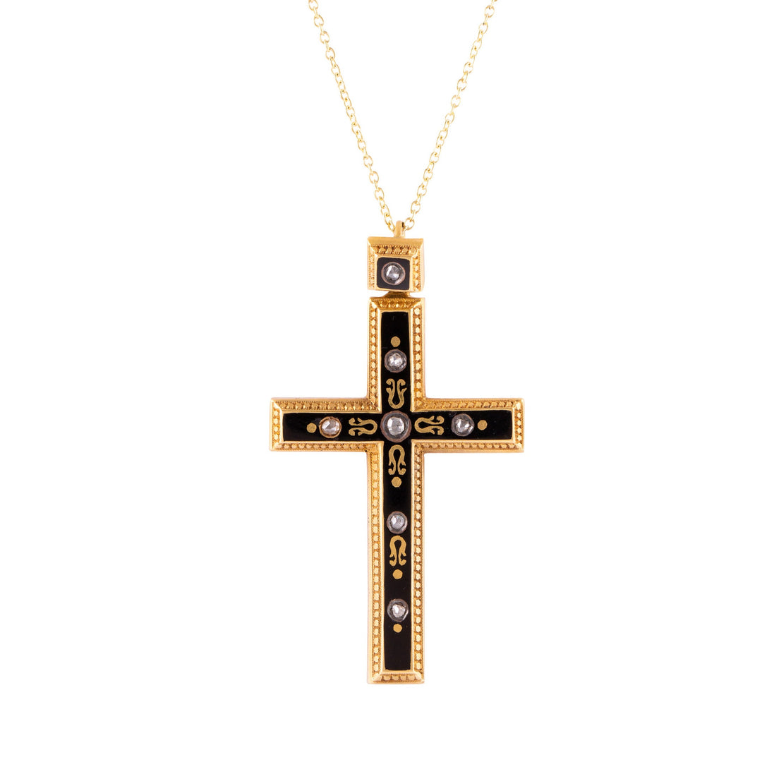 French Black Enamel, Diamond, and 18K Gold Cross Pendant