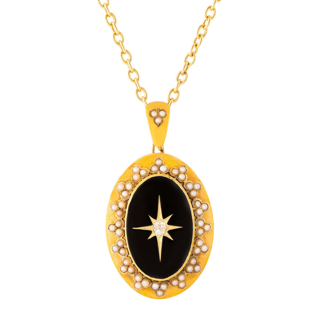 Victorian Diamond Starburst, Pearl, and Black Enamel Locket