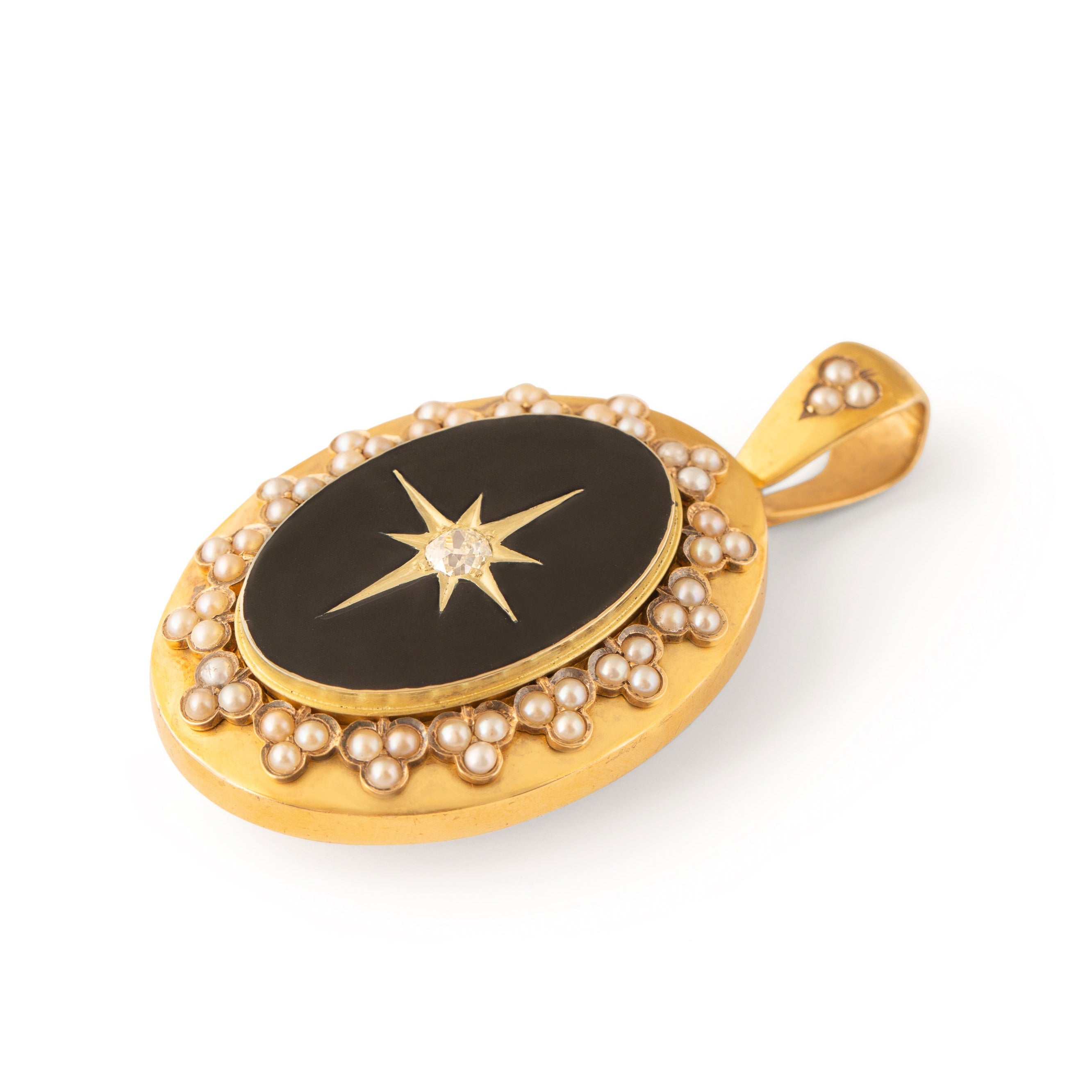 Victorian Diamond Starburst, Pearl, and Black Enamel Locket