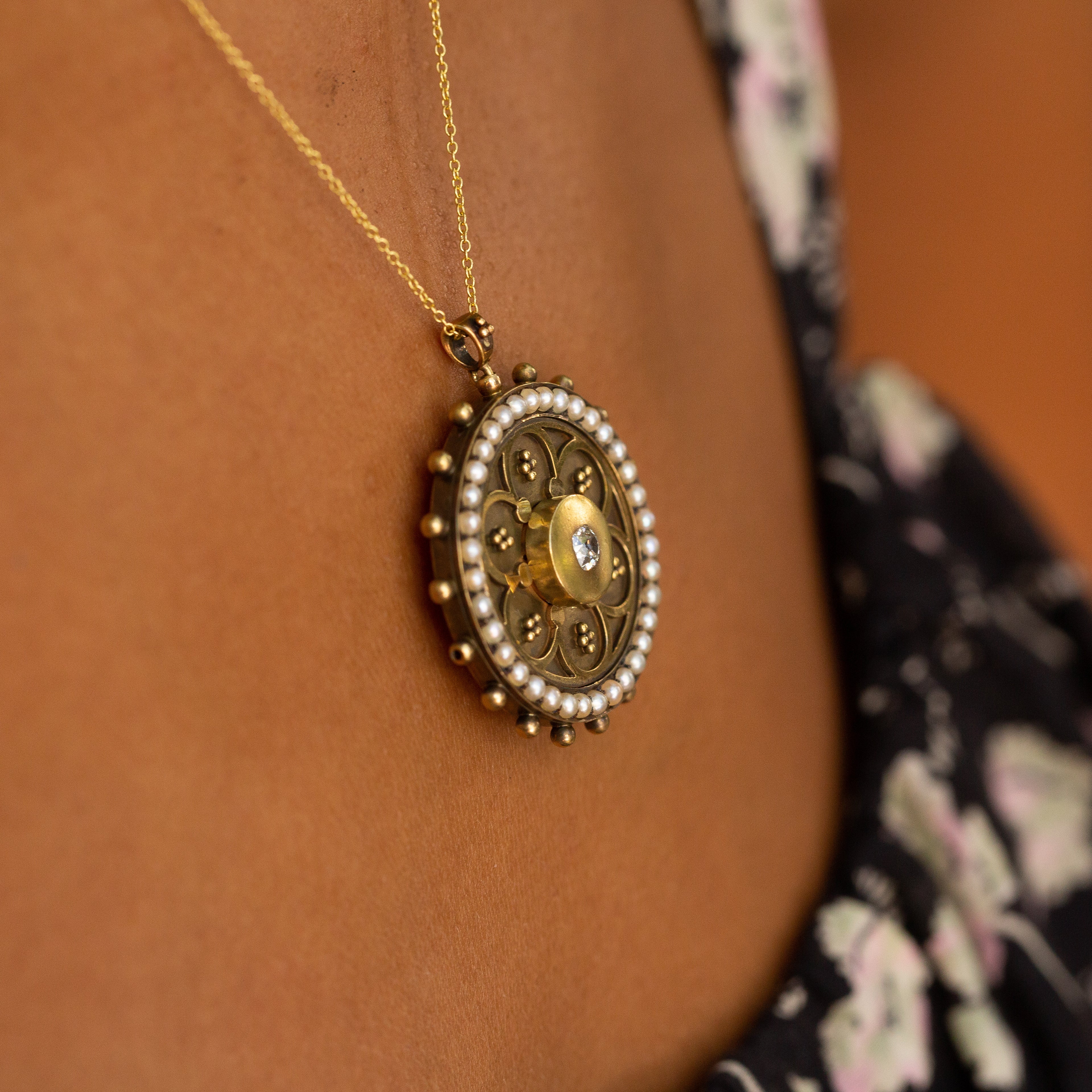 Victorian Pearl, Diamond, and 16k Gold Open Back Locket