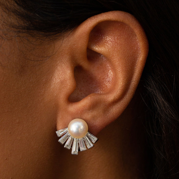 Pearl, Baguette Diamond Spray, and 14k White Gold Earrings