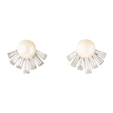 Pearl, Baguette Diamond Spray, and 14k White Gold Earrings