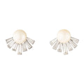 Pearl, Baguette Diamond Spray, and 14k White Gold Earrings