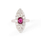 Old Mine Cut Diamond, Ruby, and 14K Gold Navette Ring
