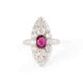 Old Mine Cut Diamond, Ruby, and 14K Gold Navette Ring