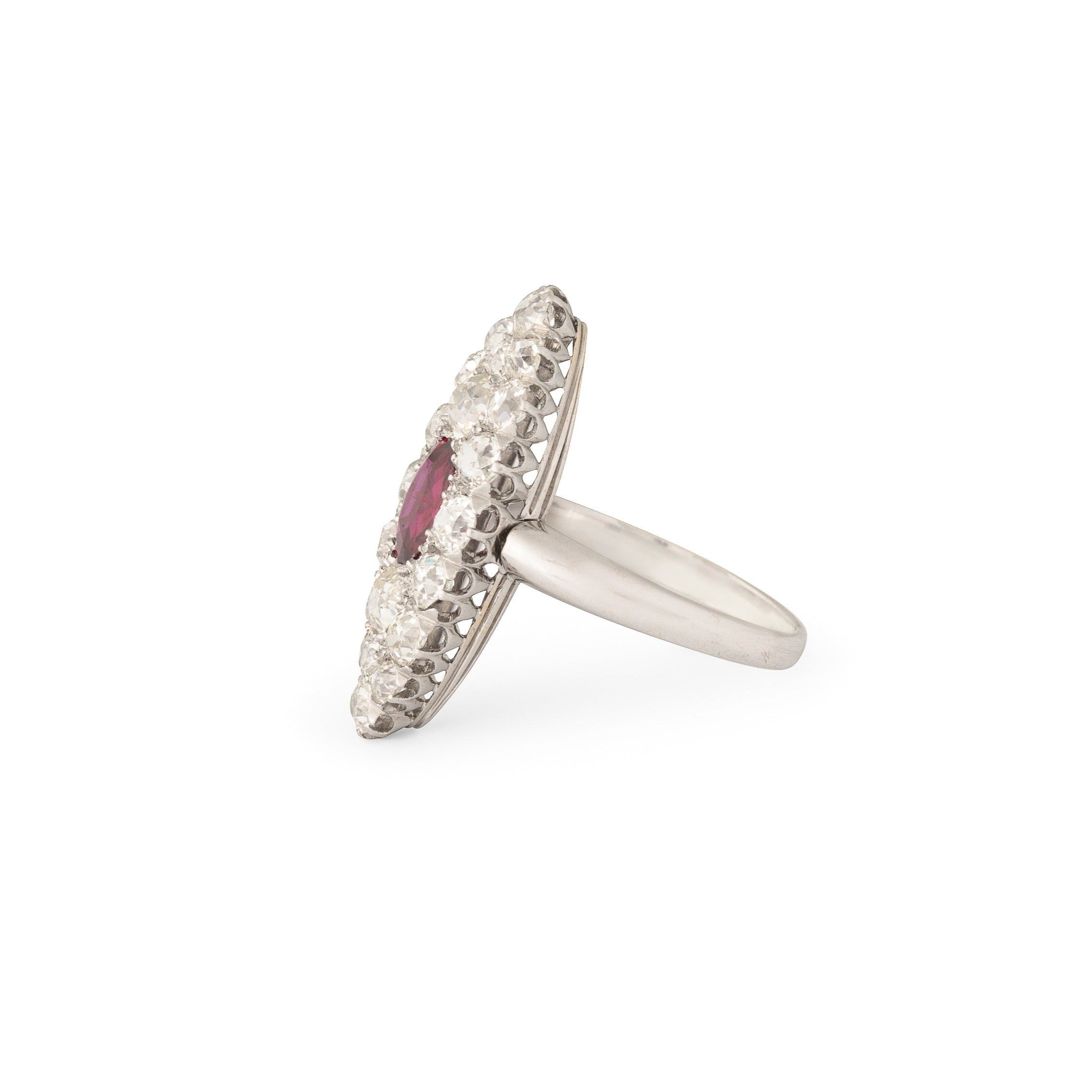 Old Mine Cut Diamond, Ruby, and 14K Gold Navette Ring