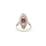 Old Mine Cut Diamond, Ruby, and 14K Gold Navette Ring