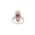 Old Mine Cut Diamond, Ruby, and 14K Gold Navette Ring
