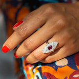 Old Mine Cut Diamond, Ruby, and 14K Gold Navette Ring