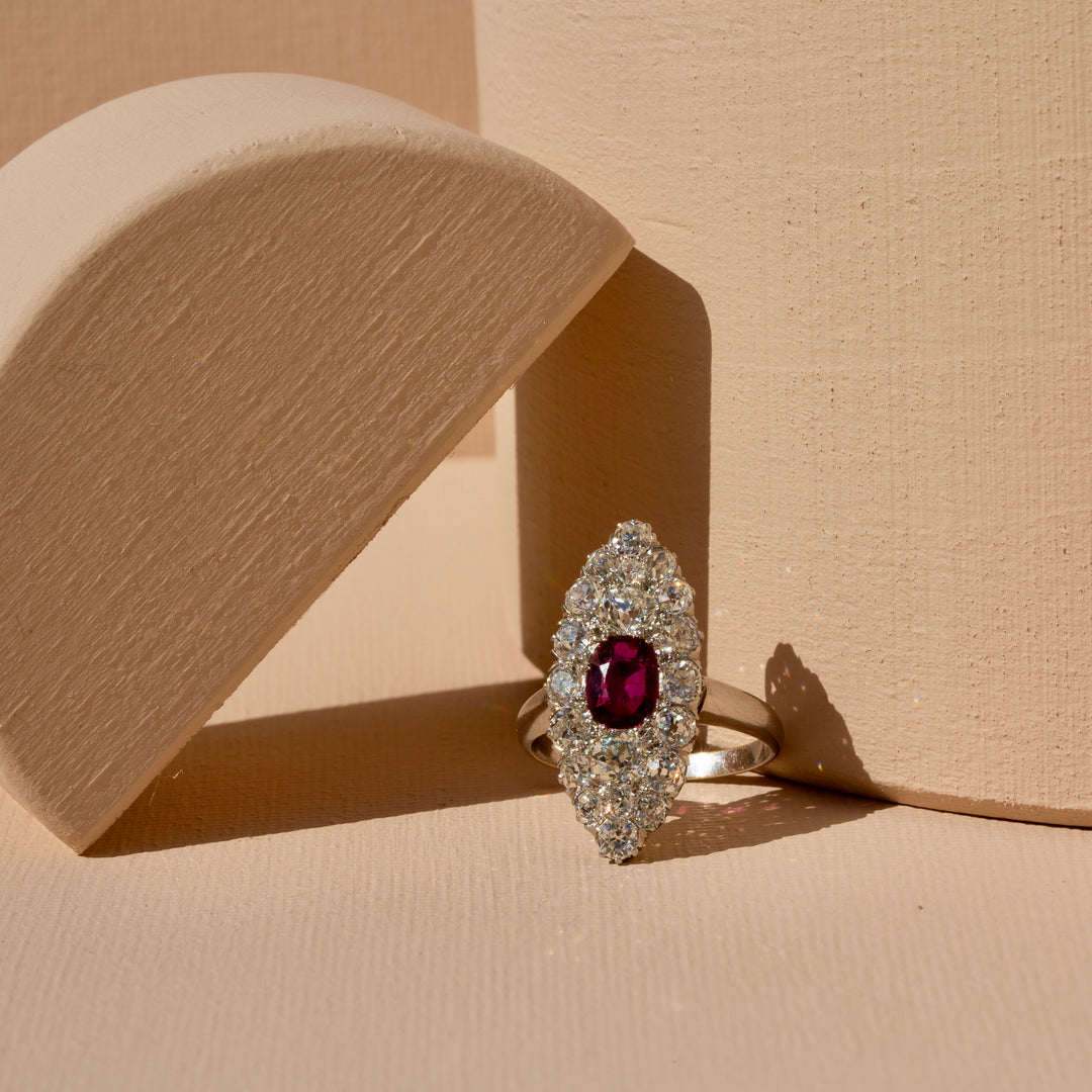 Old Mine Cut Diamond, Ruby, and 14K Gold Navette Ring