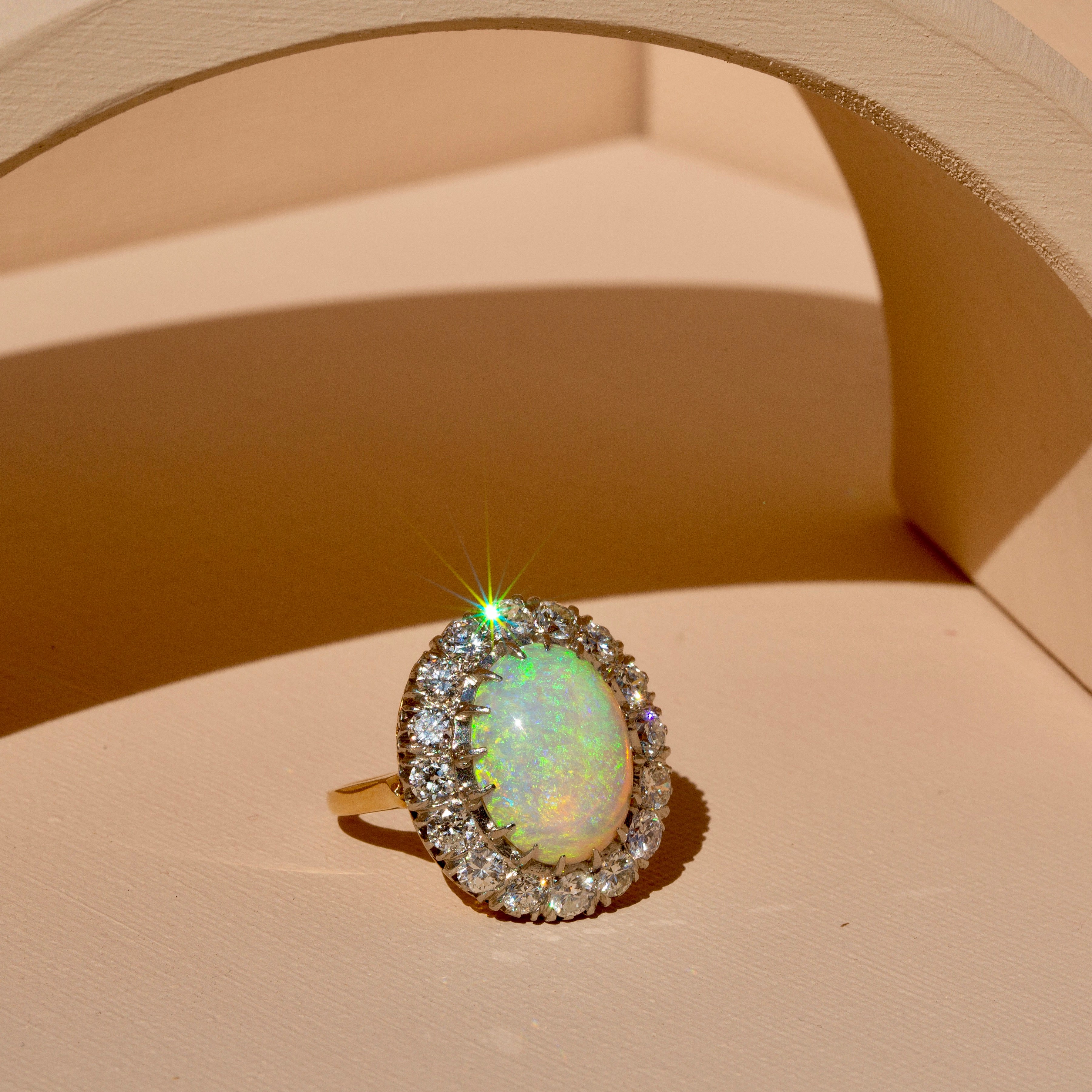 1950s Large Opal and Diamond Cluster Ring in Platinum and 14k Gold