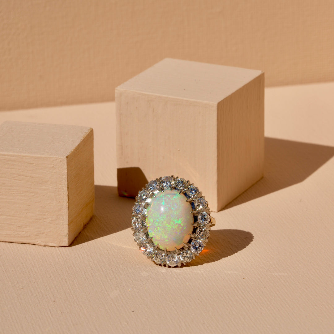 1950s Large Opal and Diamond Cluster Ring in Platinum and 14k Gold