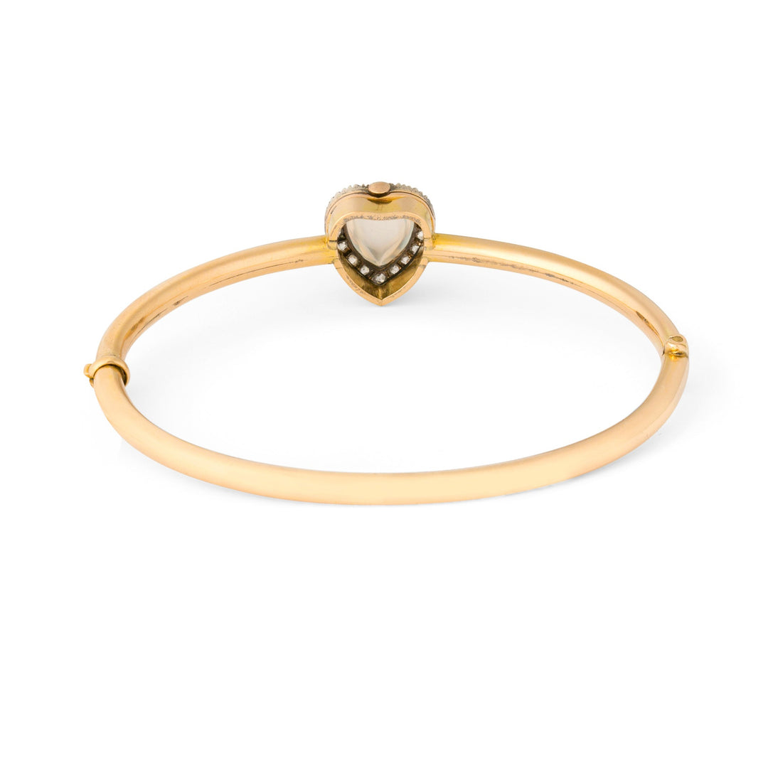 Victorian Moonstone Heart, Diamond, and 12k Gold Bangle Bracelet