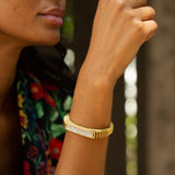 French 1970s Diamond and 18k Gold Ribbed Bangle Bracelet