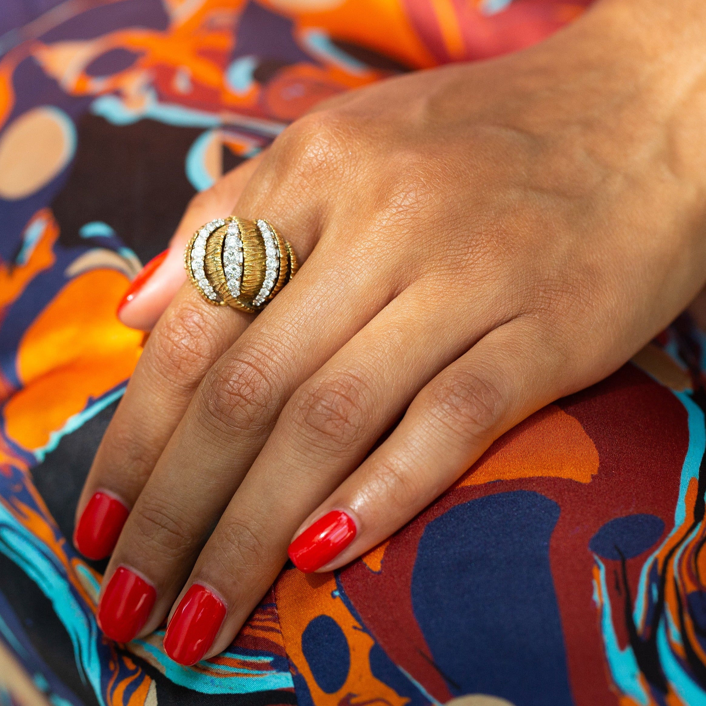 Diamond and Textured 18k Gold Bombe Ring