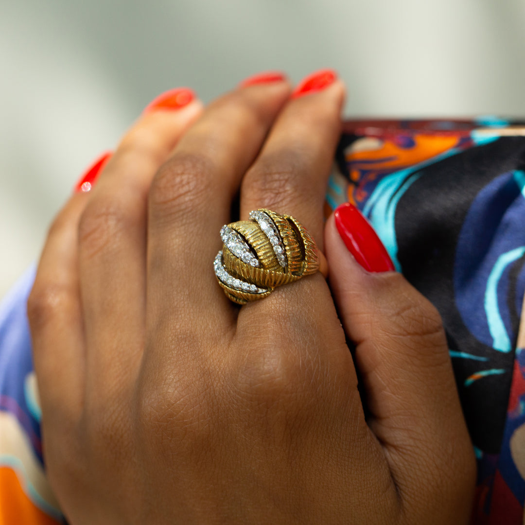 Diamond and Textured 18k Gold Bombe Ring