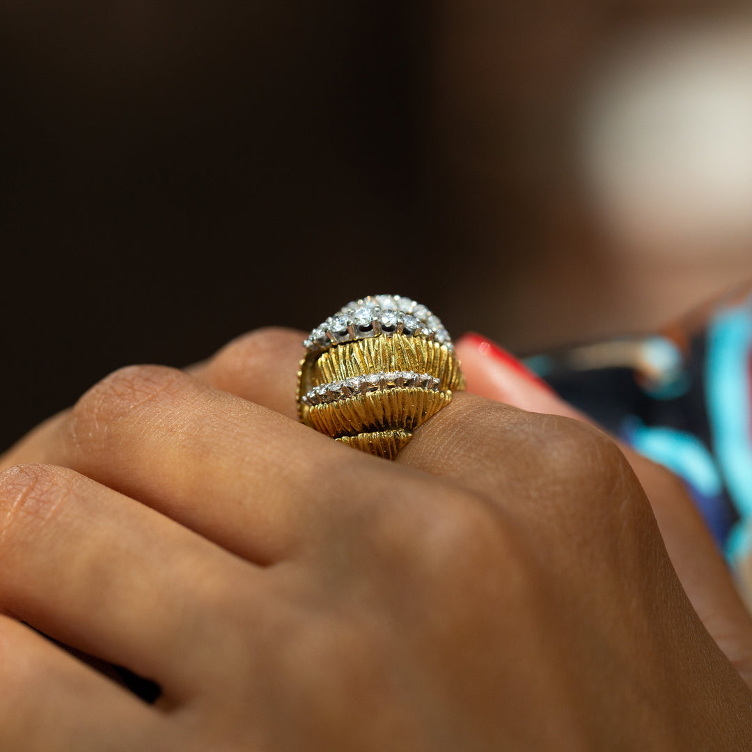 Diamond and Textured 18k Gold Bombe Ring